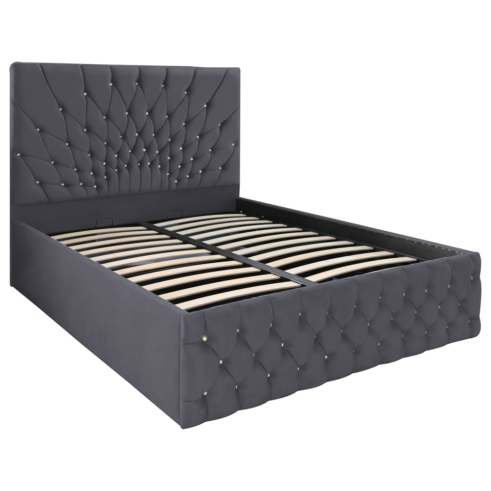 Pat dublu tapitat Carolina, 160/200 cm, gri inchis cu nasturi sticla, cu somiera metalica rabatabila si spatiu de depozitare [1]