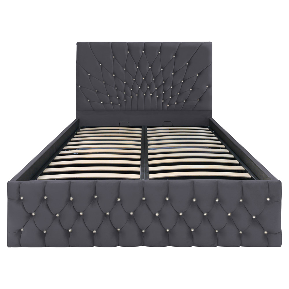 Pat dublu tapitat Carolina, 160/200 cm, gri inchis cu nasturi sticla, cu somiera metalica rabatabila si spatiu de depozitare [3]