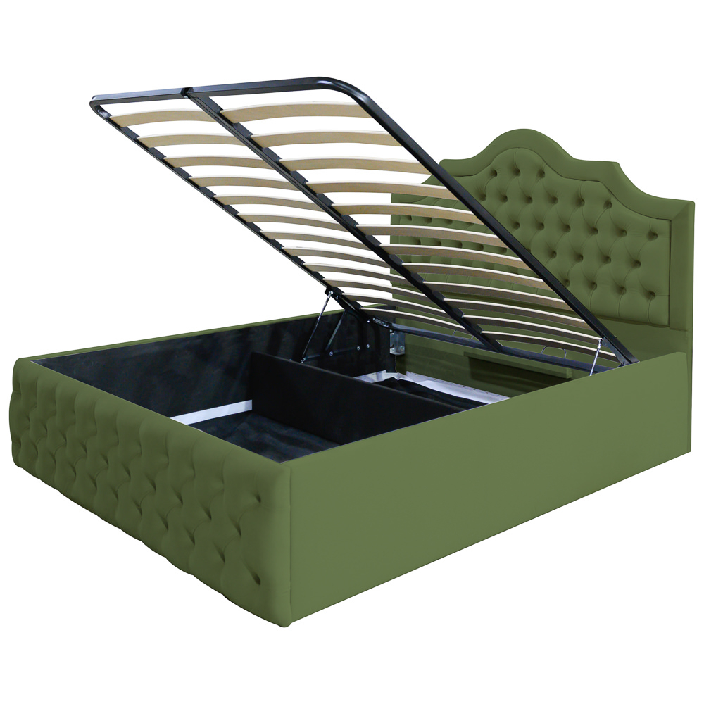 Pat dublu tapitat Colorado cu nasturi tapitati, 140/200 cm, culoare kaki, cu somiera metalica rabatabila si spatiu de depozitare [3]