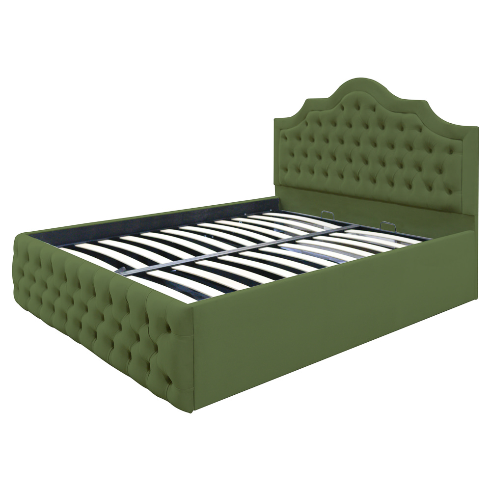 Pat dublu tapitat Colorado cu nasturi tapitati, 140/200 cm, culoare kaki, cu somiera metalica rabatabila si spatiu de depozitare [4]