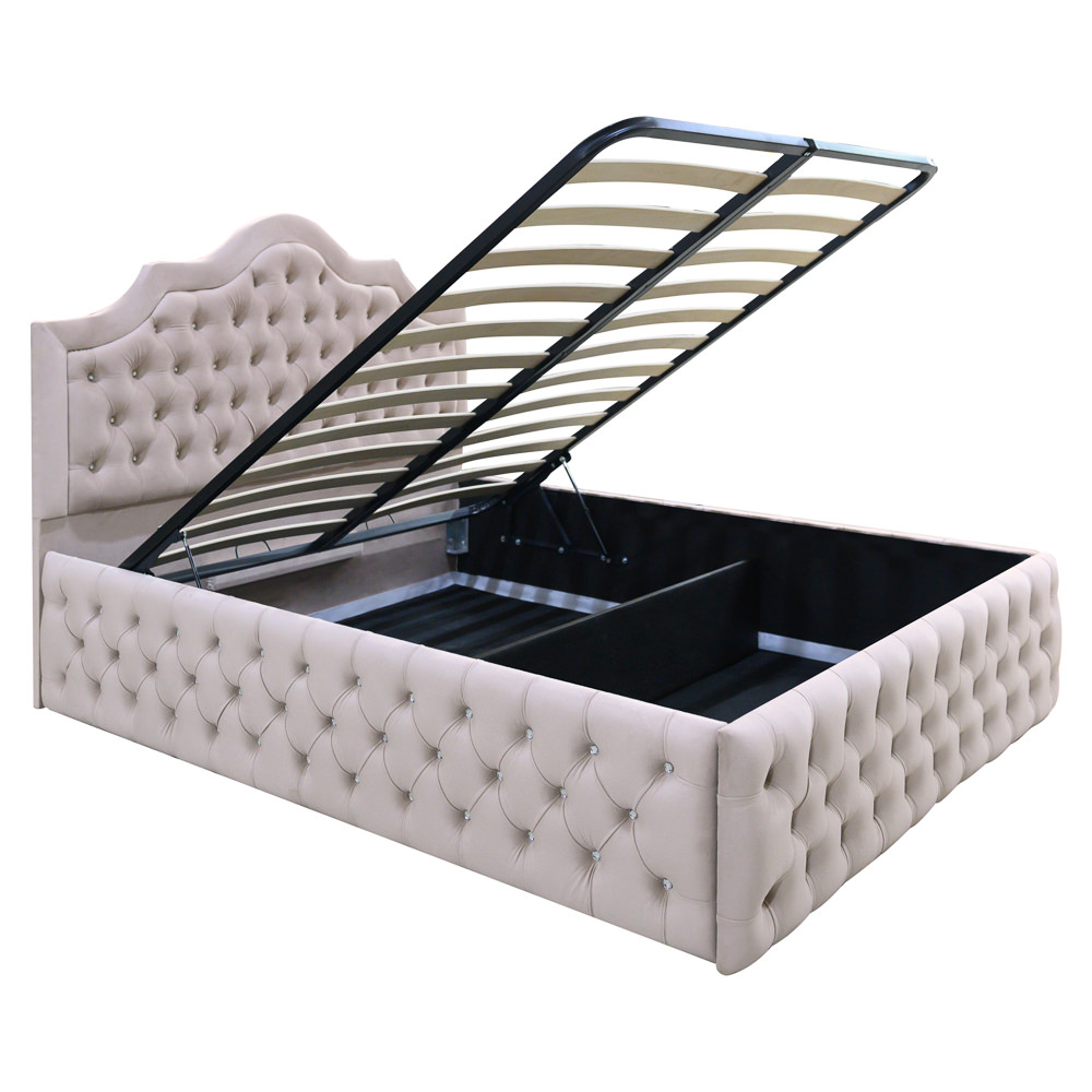 Pat dublu tapitat Colorado Deluxe cu nasturi sticla, 140/200 cm, culoare crem, cu somiera metalica rabatabila si spatiu de depozitare [3]