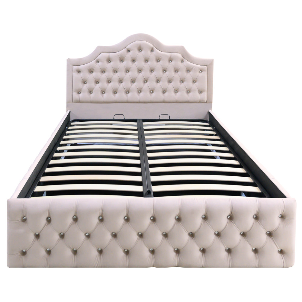 Pat dublu tapitat Colorado Deluxe cu nasturi sticla, 140/200 cm, culoare crem, cu somiera metalica rabatabila si spatiu de depozitare [2]