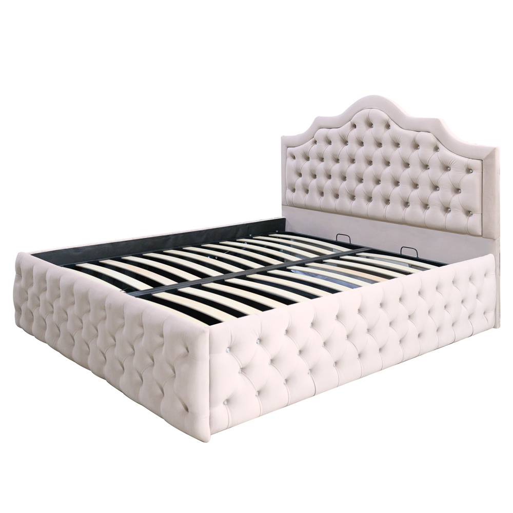 Pat dublu tapitat Colorado Deluxe cu nasturi sticla, 140/200 cm, culoare crem, cu somiera metalica rabatabila si spatiu de depozitare [4]