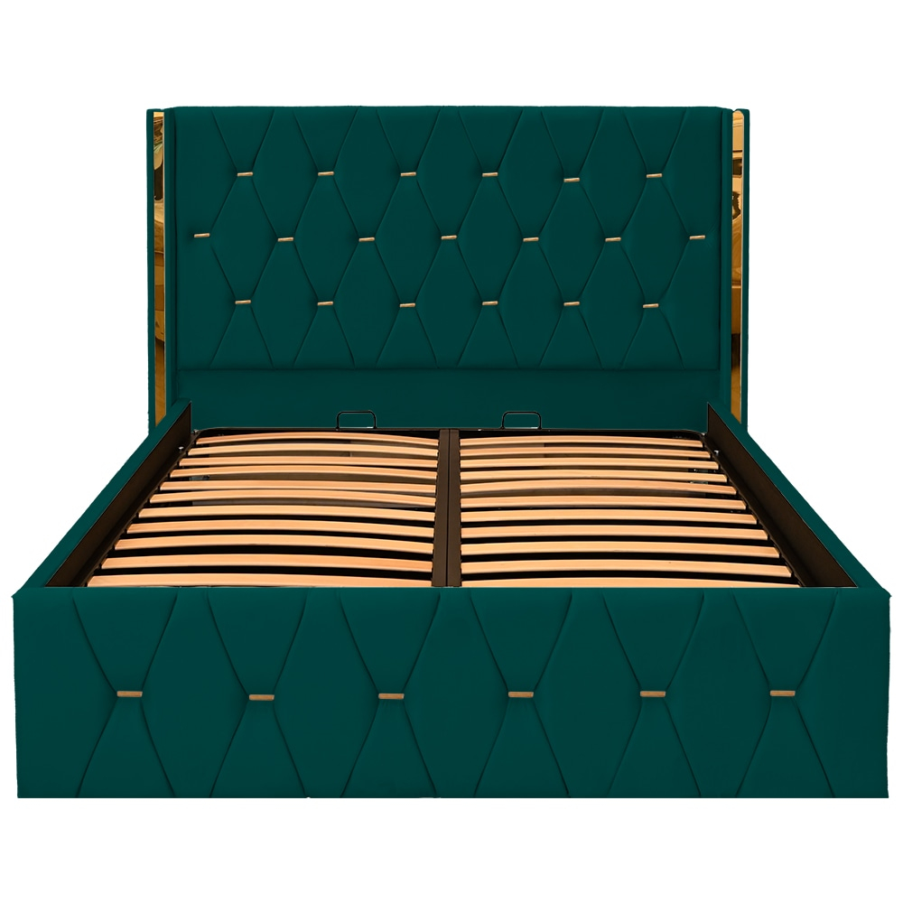 Pat dublu tapitat Diamond 140/200 , culoare verde cu detalii aurii, somiera metalica rabatabila si spatiu de depozitare [1]
