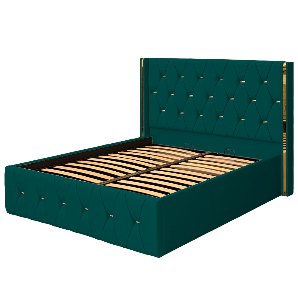 Pat dublu tapitat Diamond 140/200 , culoare verde cu detalii aurii, somiera metalica rabatabila si spatiu de depozitare [3]