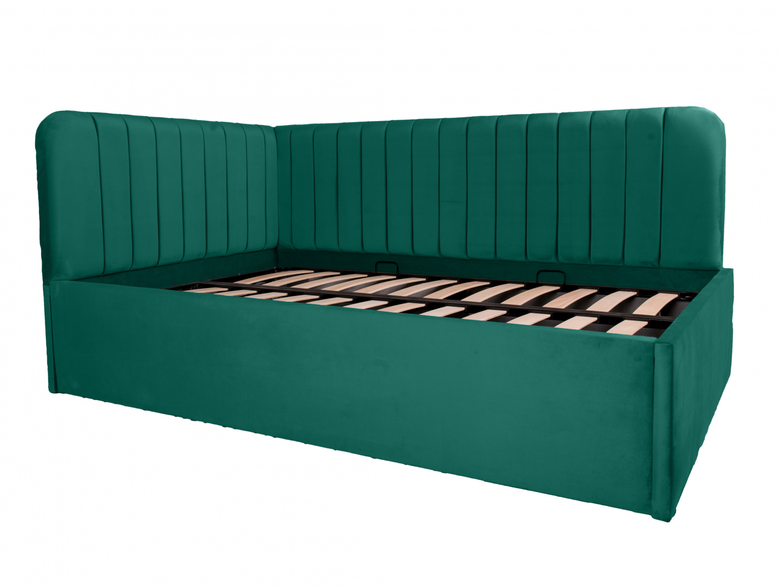 Pat tapitat pe colt DISNEY LINE dreapta 120/200, verde, cu somiera metalica rabatabila si spatiu de depozitare [2]