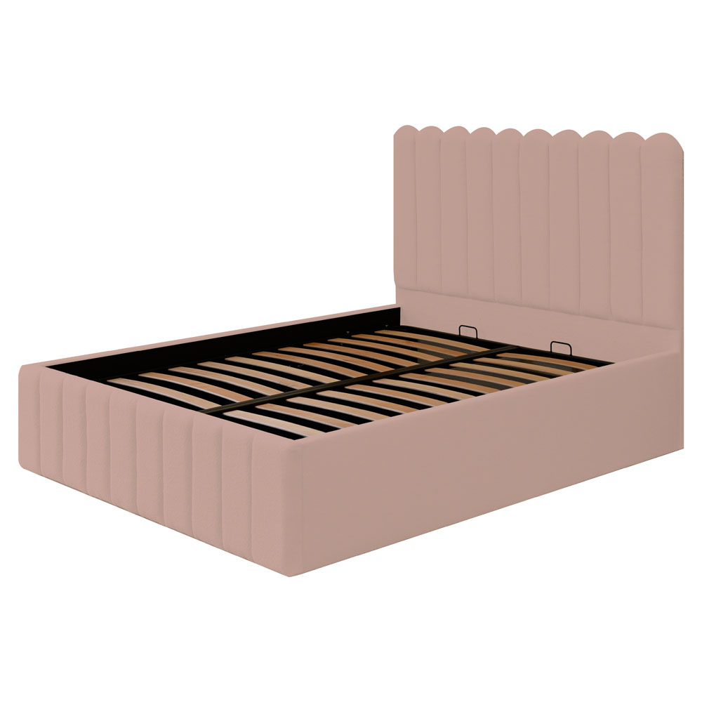 Pat dublu tapitat Dream line ,120/200,roz pudra, stofa boucle, cu somiera metalica rabatabila si spatiu de depozitare - mobila JAKY [3]