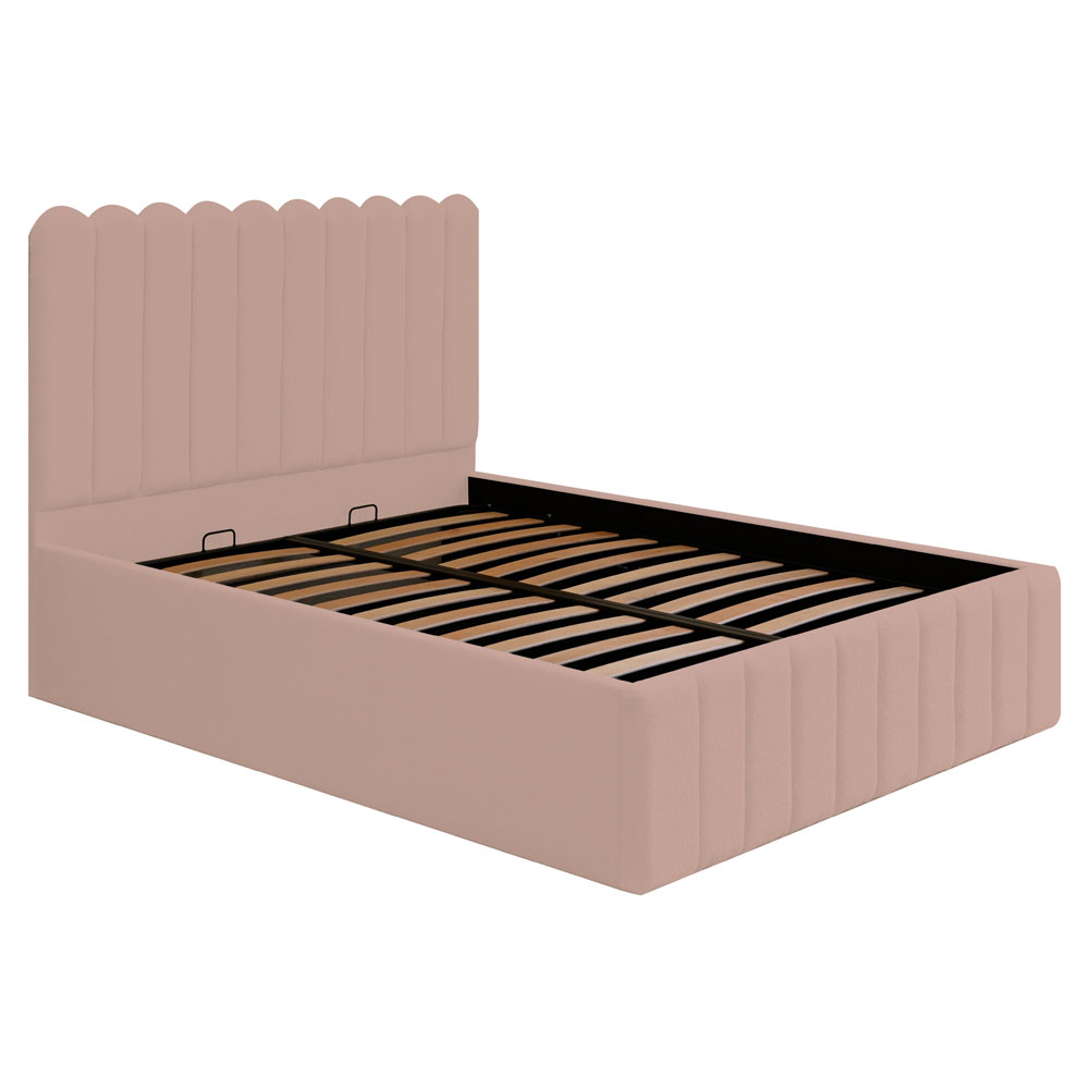 Pat dublu tapitat Dream line ,120/200,roz pudra, stofa boucle, cu somiera metalica rabatabila si spatiu de depozitare - mobila JAKY [2]