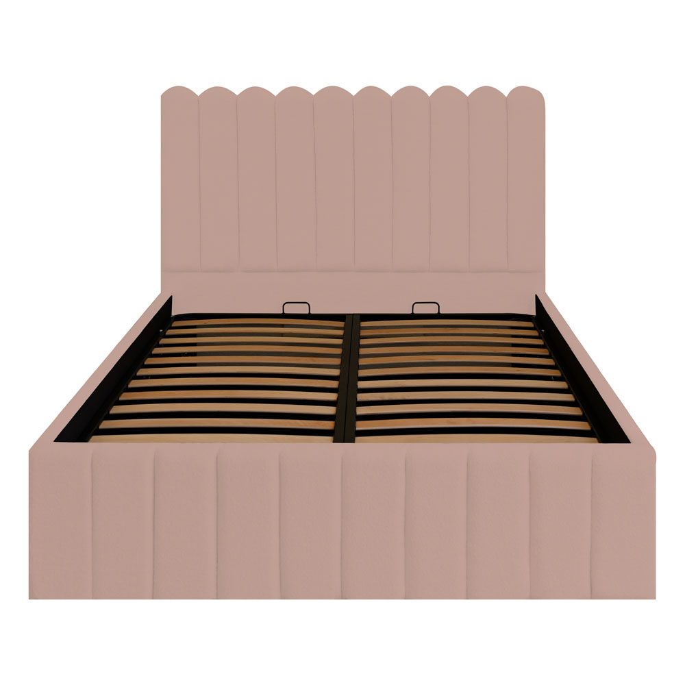 Pat dublu tapitat Dream line ,120/200,roz pudra, stofa boucle, cu somiera metalica rabatabila si spatiu de depozitare - mobila JAKY [1]