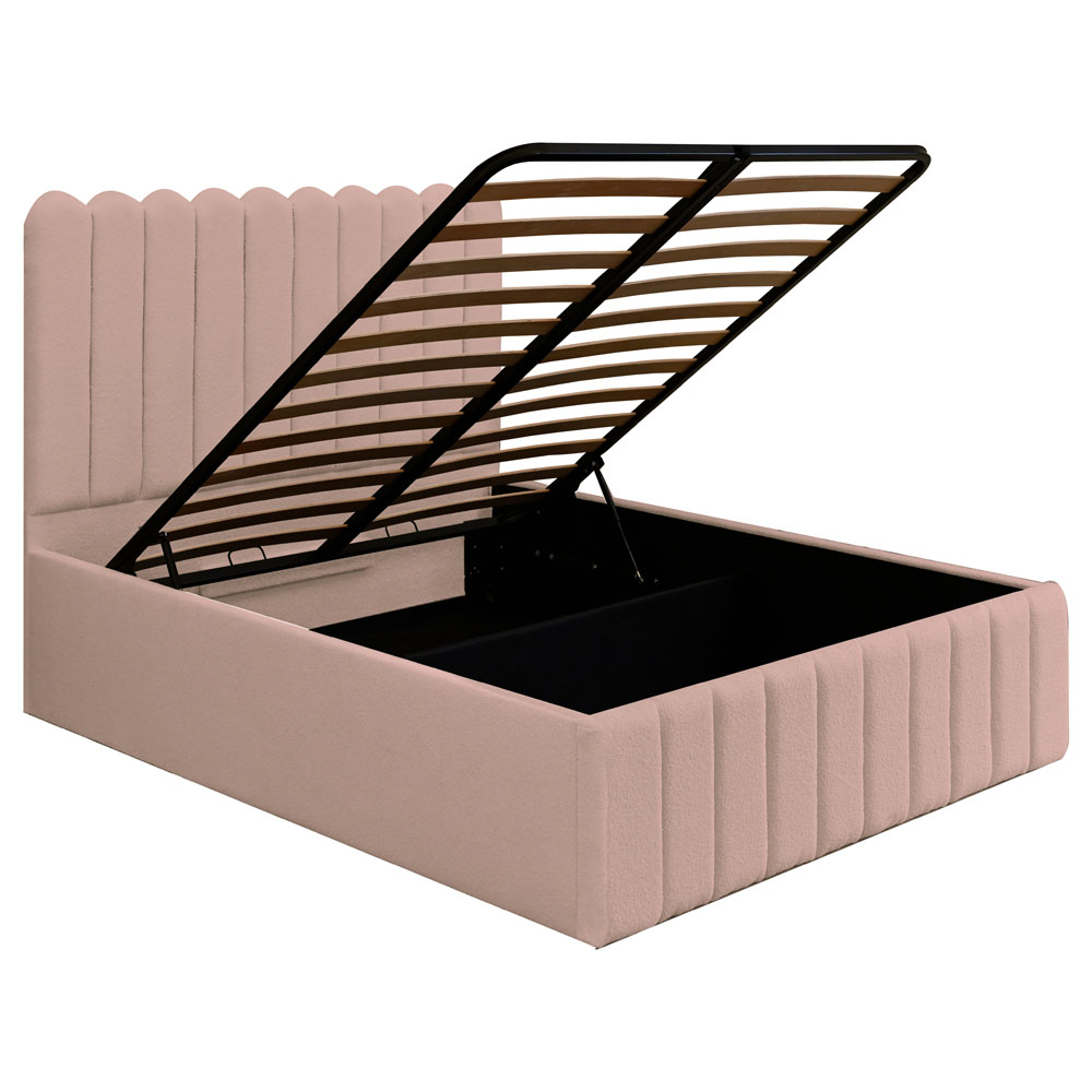 Pat dublu tapitat Dream line ,120/200,roz pudra, stofa boucle, cu somiera metalica rabatabila si spatiu de depozitare - mobila JAKY [4]