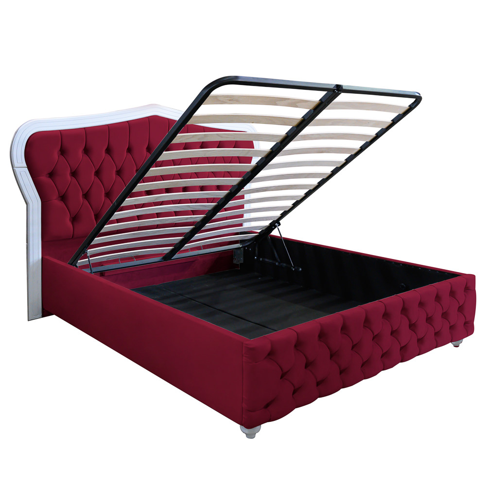 Pat dublu tapitat Egeea cu picioare, 160/200, visiniu, cu somiera metalica rabatabila si lada de depozitare [2]