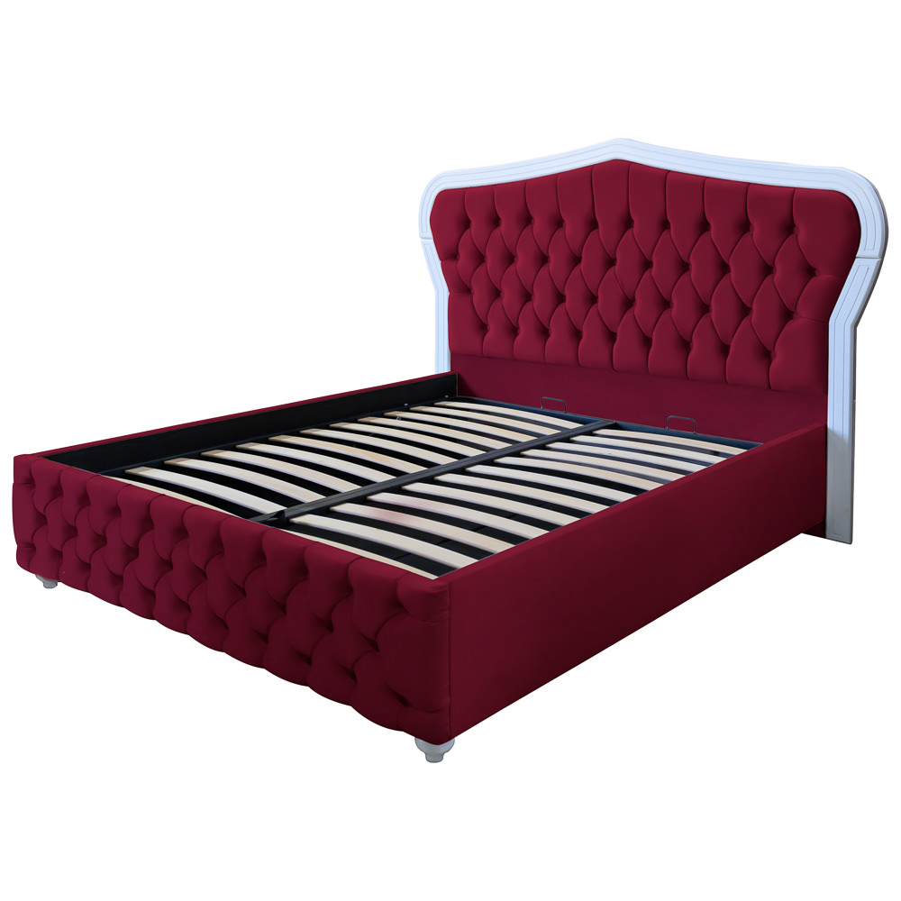 Pat dublu tapitat Egeea cu picioare, 160/200, visiniu, cu somiera metalica rabatabila si lada de depozitare [1]