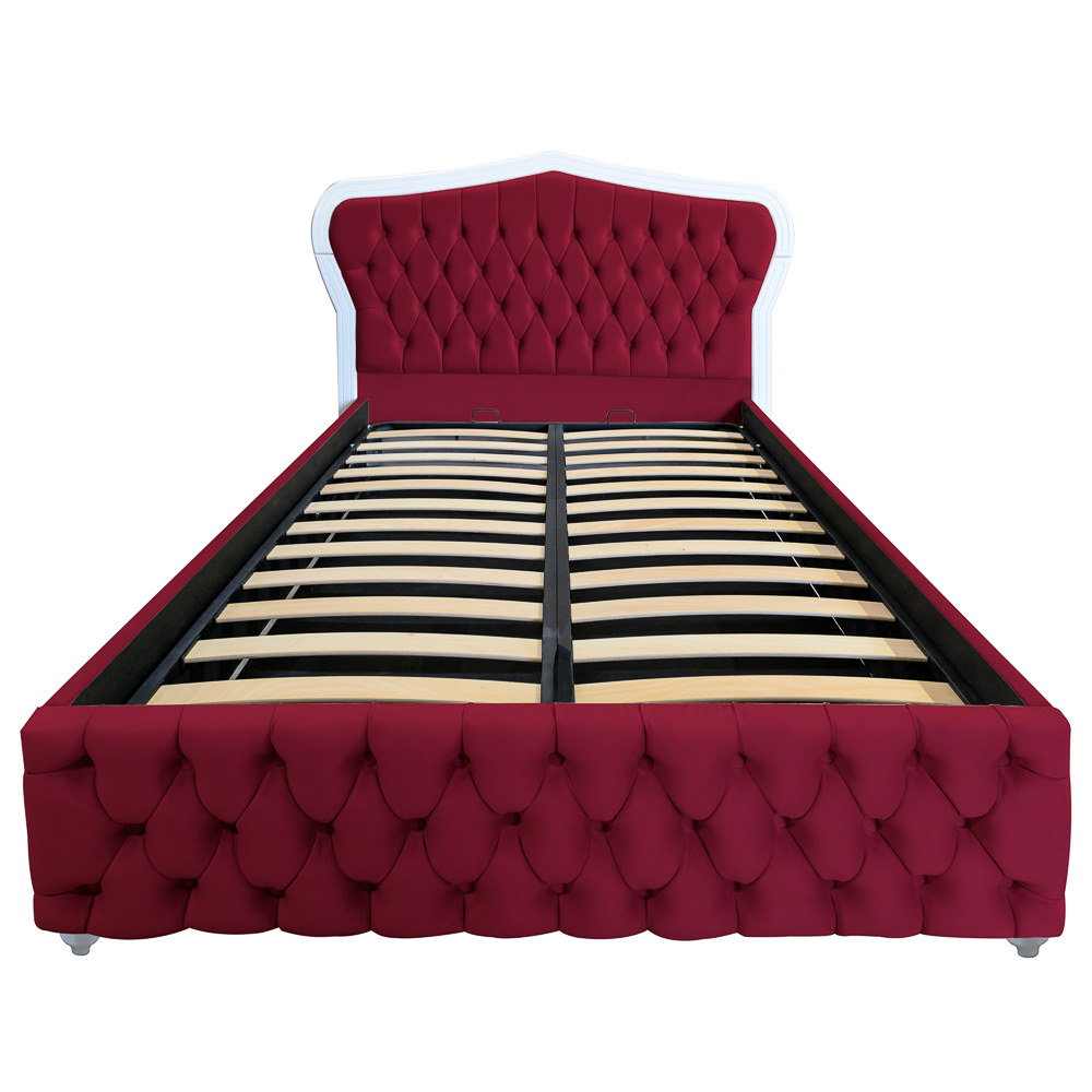 Pat dublu tapitat Egeea cu picioare, 160/200, visiniu, cu somiera metalica rabatabila si lada de depozitare [3]