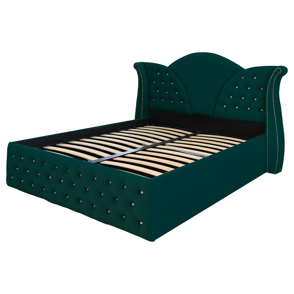 Pat dublu tapitat Florida cu nasturi sticla 160/200 cm verde cu somiera metalica rabatabila si spatiu de depozitare [2]