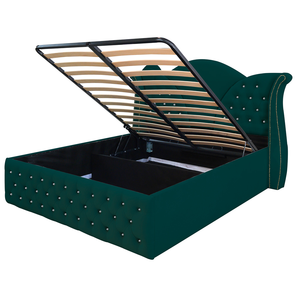 Pat dublu tapitat Florida cu nasturi sticla 160/200 cm verde cu somiera metalica rabatabila si spatiu de depozitare [5]