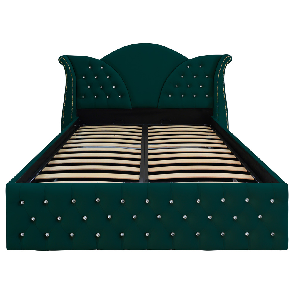 Pat dublu tapitat Florida cu nasturi sticla 160/200 cm verde cu somiera metalica rabatabila si spatiu de depozitare [3]