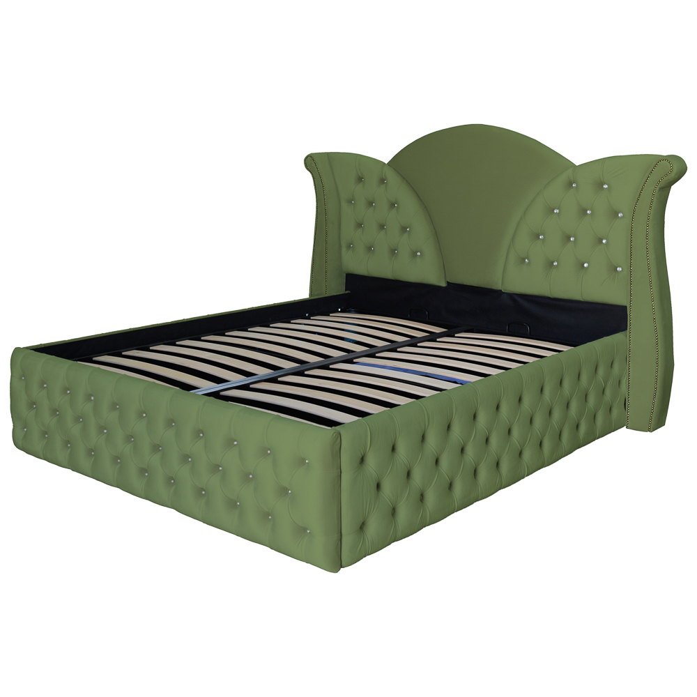 Pat dublu tapitat Florida Deluxe cu nasturi sticla 160/200 cm kaki cu somiera metalica rabatabila si spatiu de depozitare [2]