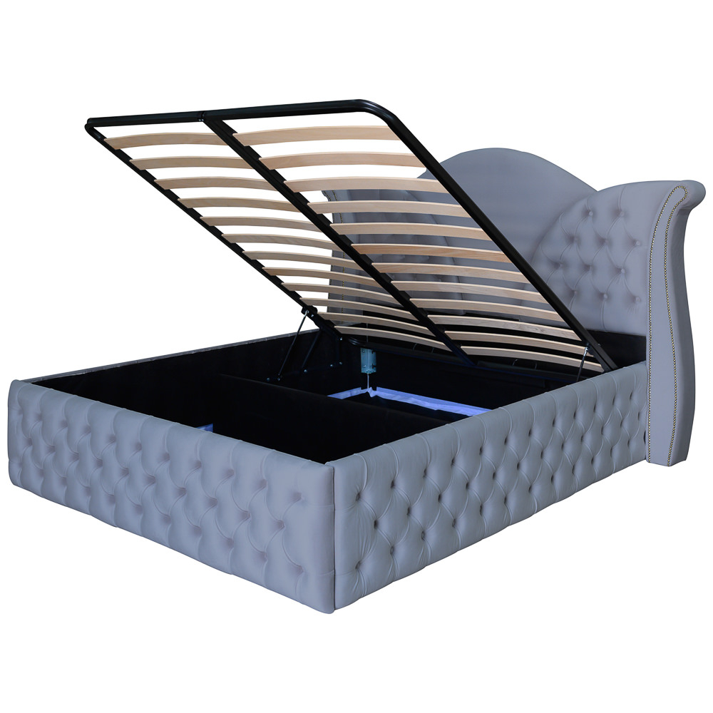 Pat dublu tapitat Florida Deluxe nasturi tapitati 180/200 cm gri deschis cu somiera metalica rabatabila si spatiu de depozitare [4]