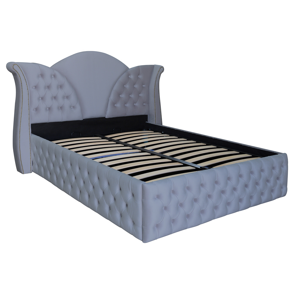 Pat dublu tapitat Florida Deluxe nasturi tapitati 180/200 cm gri deschis cu somiera metalica rabatabila si spatiu de depozitare [1]