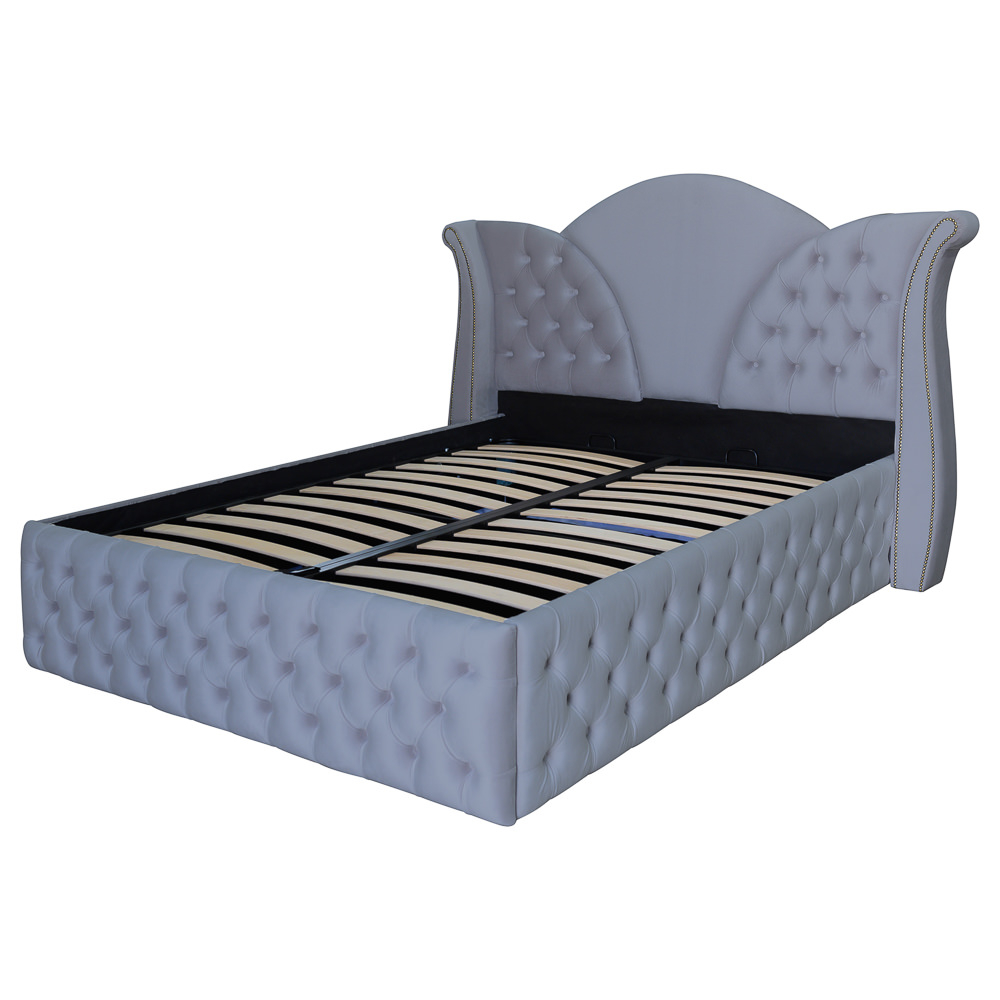 Pat dublu tapitat Florida Deluxe nasturi tapitati 180/200 cm gri deschis cu somiera metalica rabatabila si spatiu de depozitare [5]