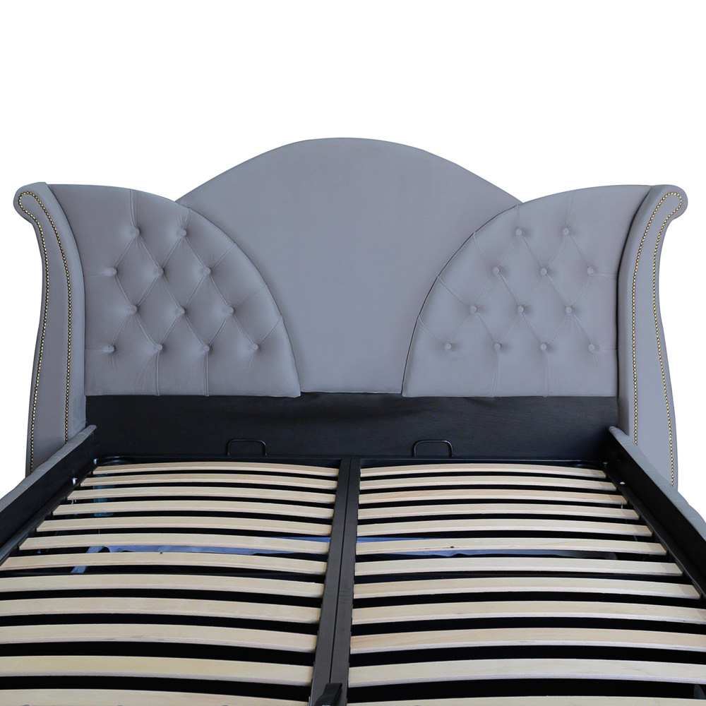 Pat dublu tapitat Florida Deluxe nasturi tapitati 180/200 cm gri deschis cu somiera metalica rabatabila si spatiu de depozitare [2]