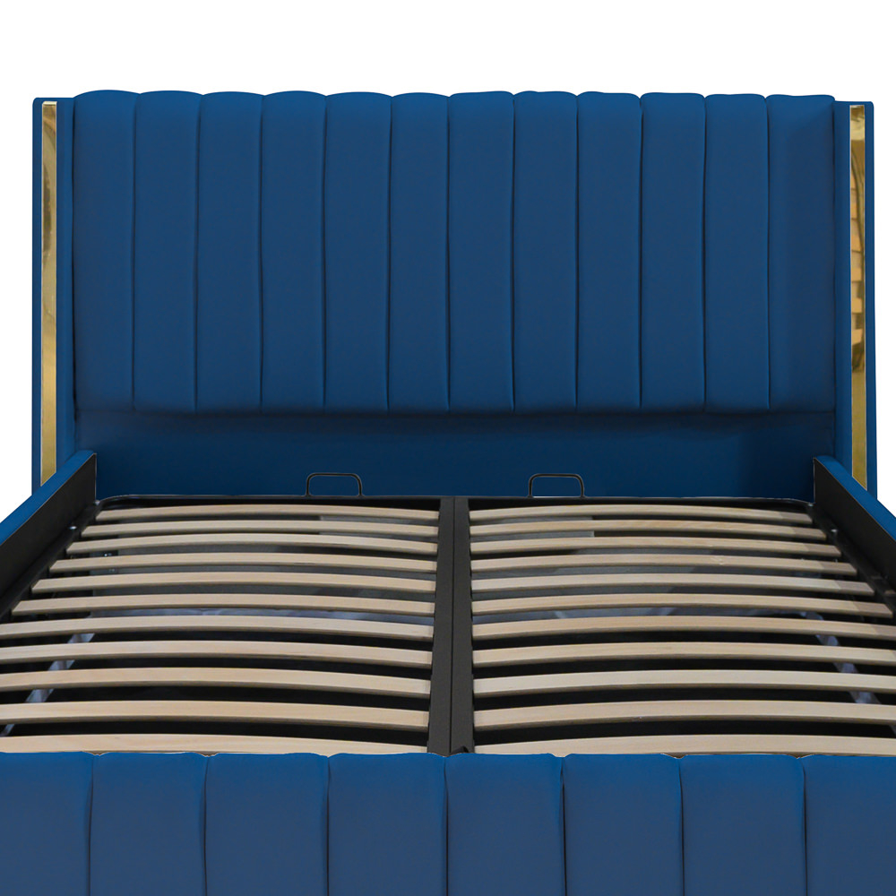 Pat dublu tapitat Georgia, 120/200 cm, albastru cu benzi aurii, cu somiera metalica rabatabila si spatiu de depozitare [2]