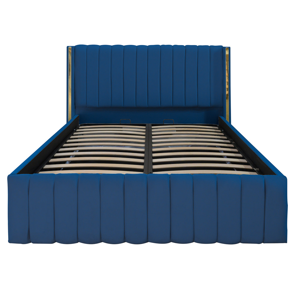 Pat dublu tapitat Georgia, 120/200 cm, albastru cu benzi aurii, cu somiera metalica rabatabila si spatiu de depozitare [1]