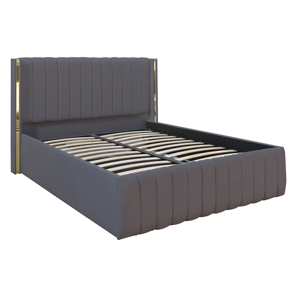 Pat dublu tapitat Georgia, 160/200 cm, gri inchis cu benzi aurii, cu somiera metalica rabatabila si spatiu de depozitare [1]