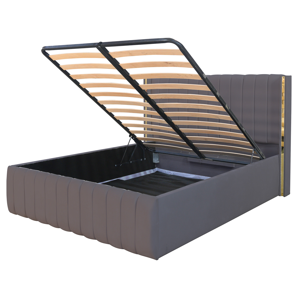 Pat dublu tapitat Georgia, 160/200 cm, gri inchis cu benzi aurii, cu somiera metalica rabatabila si spatiu de depozitare [5]