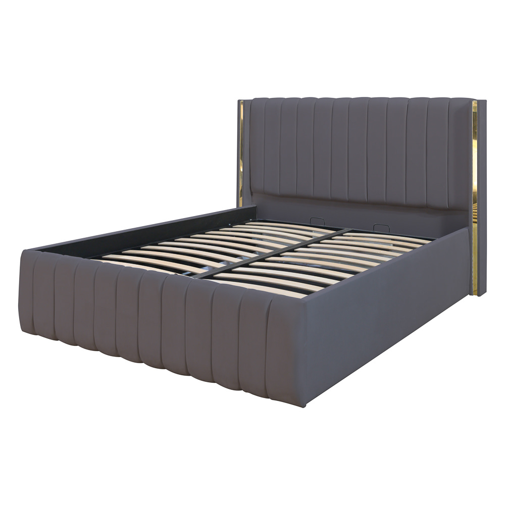 Pat dublu tapitat Georgia, 160/200 cm, gri inchis cu benzi aurii, cu somiera metalica rabatabila si spatiu de depozitare [4]