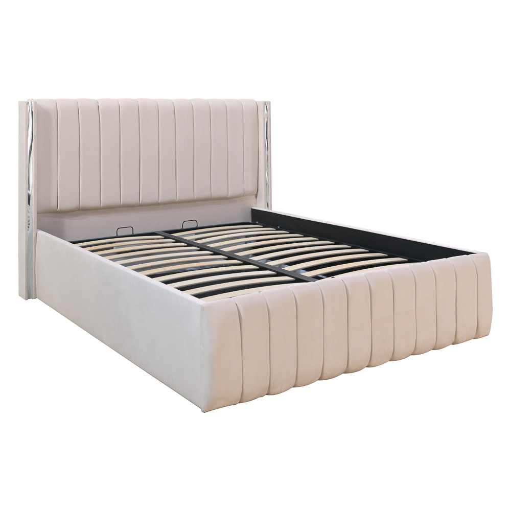 Pat dublu tapitat Georgia, 180/200 cm, crem cu benzi argintii, cu somiera metalica rabatabila si spatiu de depozitare [1]