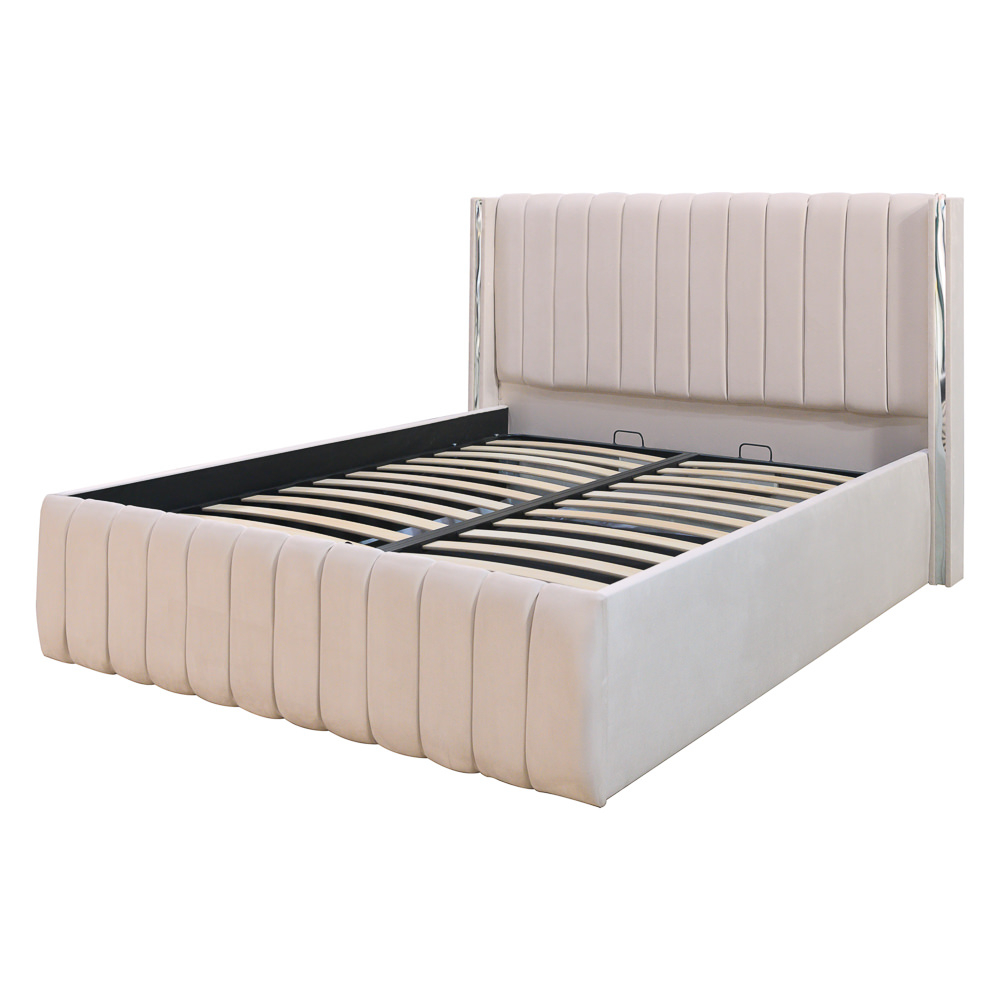 Pat dublu tapitat Georgia, 180/200 cm, crem cu benzi argintii, cu somiera metalica rabatabila si spatiu de depozitare [5]