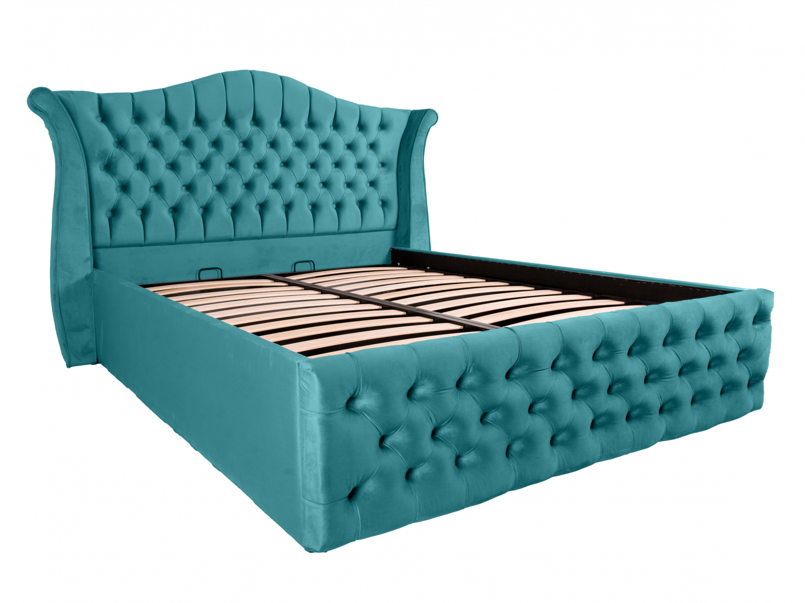 Pat dublu tapitat HOUSTON 160/200 cm, albastru deschis, cu somiera metalica rabatabila si spatiu de depozitare [3]