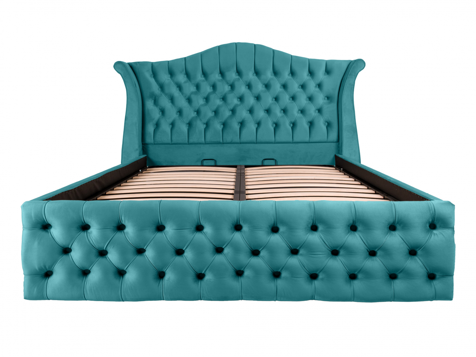 Pat dublu tapitat HOUSTON 160/200 cm, albastru deschis, cu somiera metalica rabatabila si spatiu de depozitare [2]