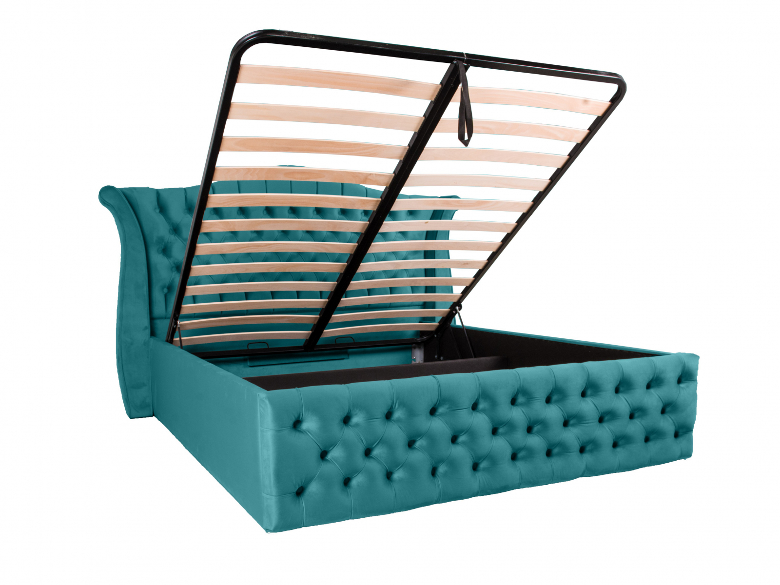 Pat dublu tapitat HOUSTON 160/200 cm, albastru deschis, cu somiera metalica rabatabila si spatiu de depozitare [4]