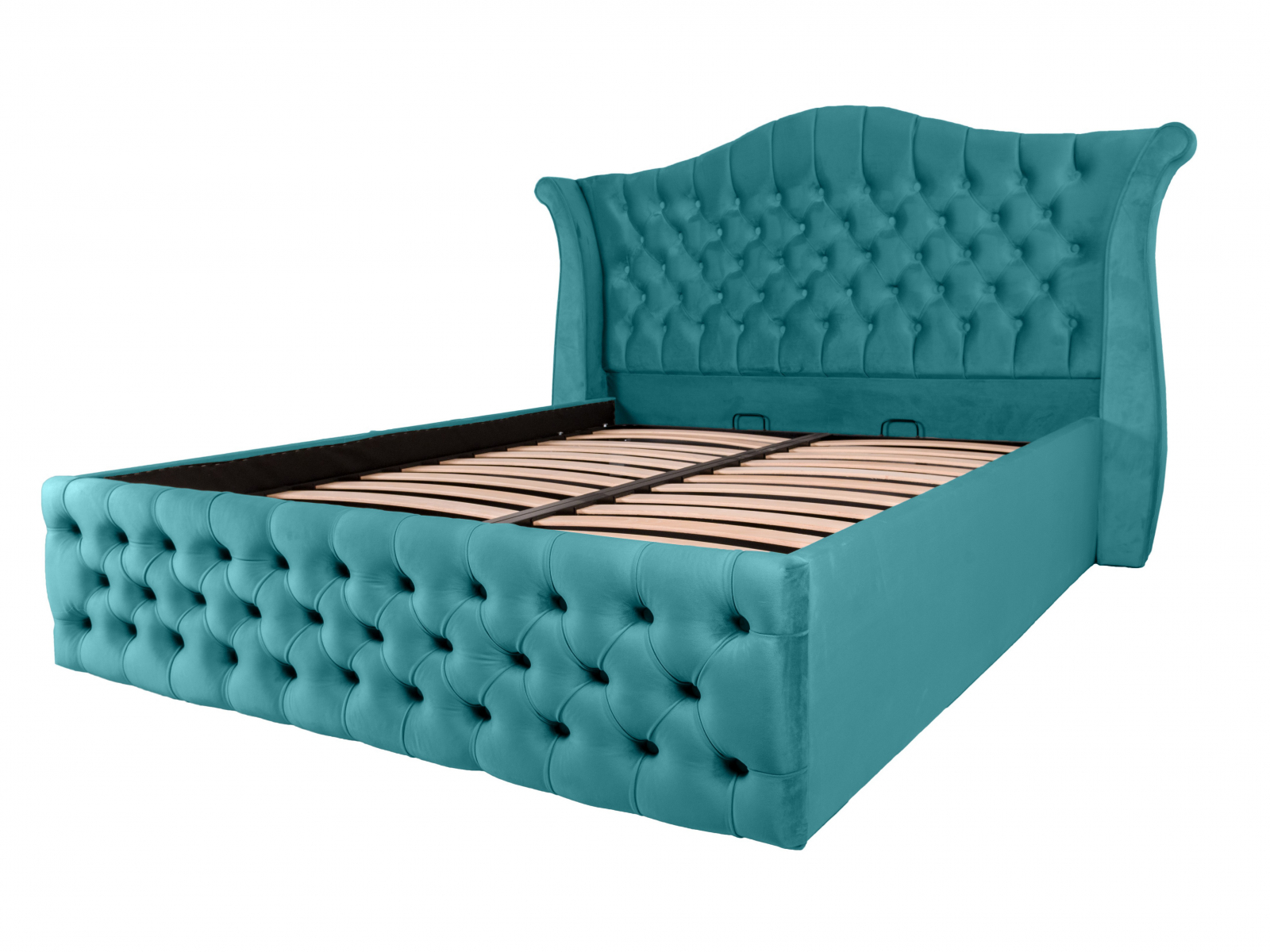 Pat dublu tapitat HOUSTON 160/200 cm, albastru deschis, cu somiera metalica rabatabila si spatiu de depozitare [1]