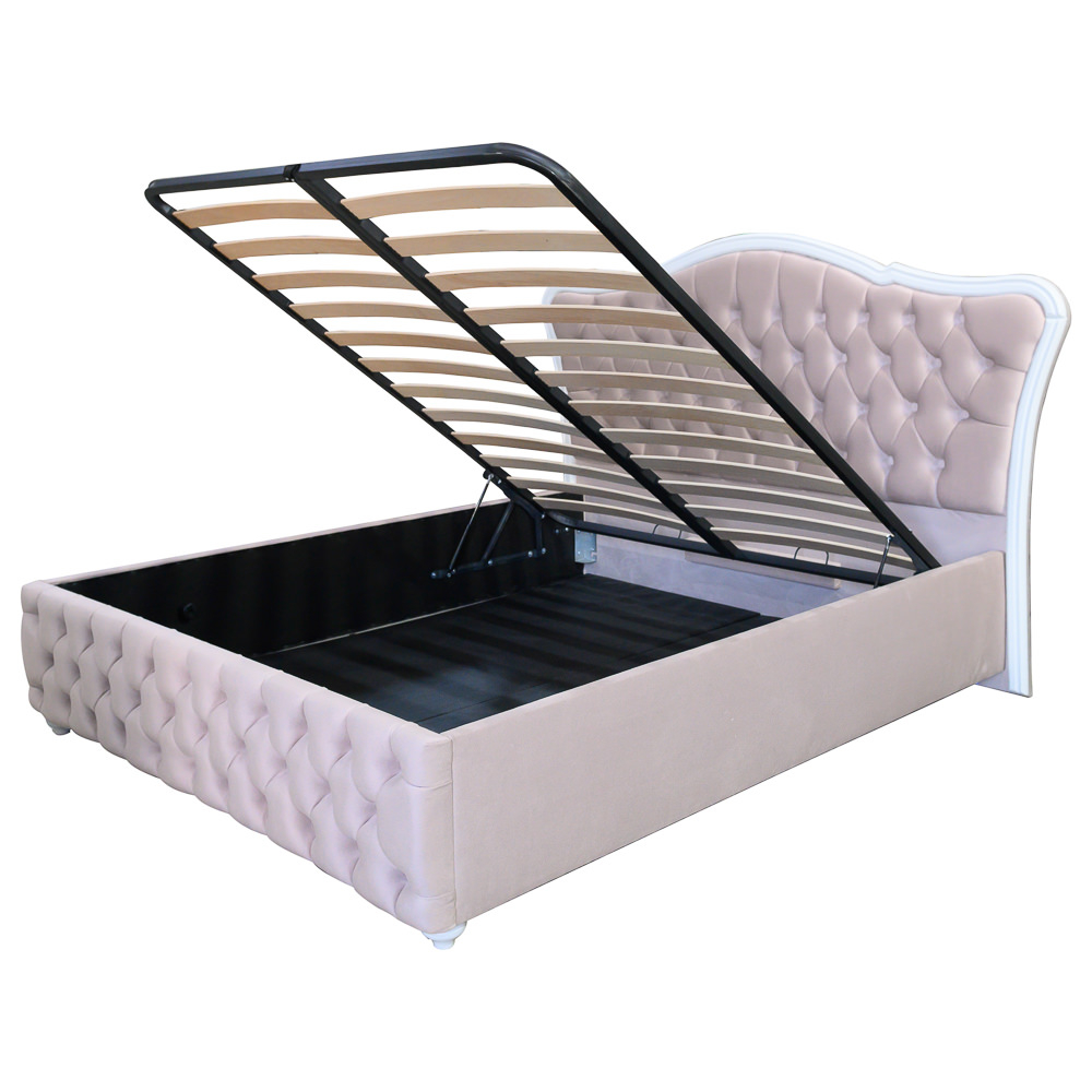 Pat dublu tapitat Lavis cu picioare, 180/200, crem, cu somiera metalica rabatabila si lada de depozitare [2]