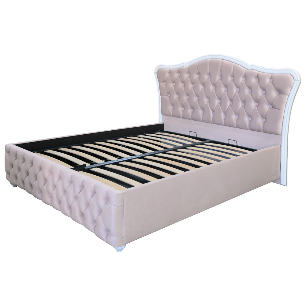 Pat dublu tapitat Lavis cu picioare, 180/200, crem, cu somiera metalica rabatabila si lada de depozitare [1]