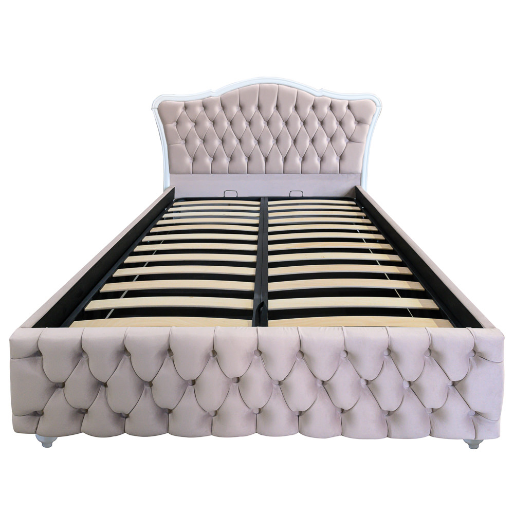 Pat dublu tapitat Lavis cu picioare, 180/200, crem, cu somiera metalica rabatabila si lada de depozitare [3]