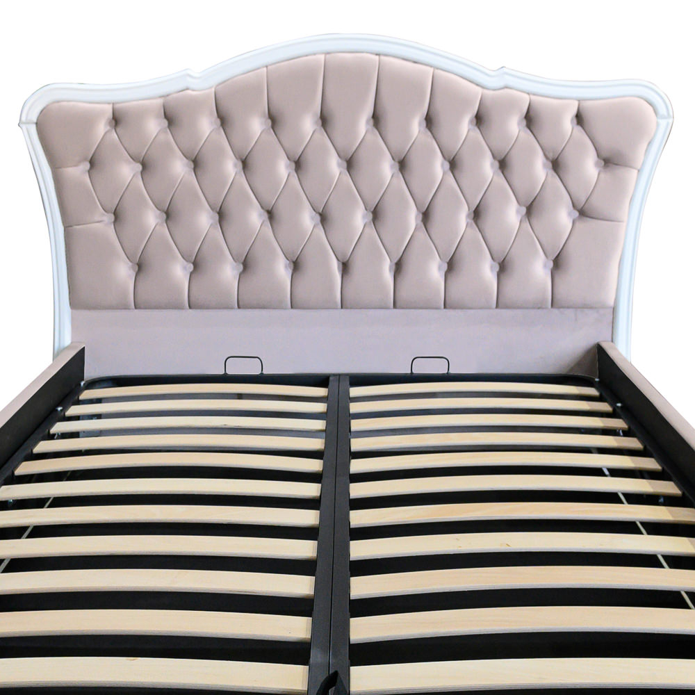 Pat dublu tapitat Lavis cu picioare, 180/200, crem, cu somiera metalica rabatabila si lada de depozitare [4]