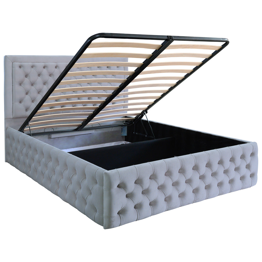 Pat dublu tapitat Louisiana Deluxe 180/200 cm culoare gri deschis cu somiera metalica rabatabila si spatiu de depozitare [4]