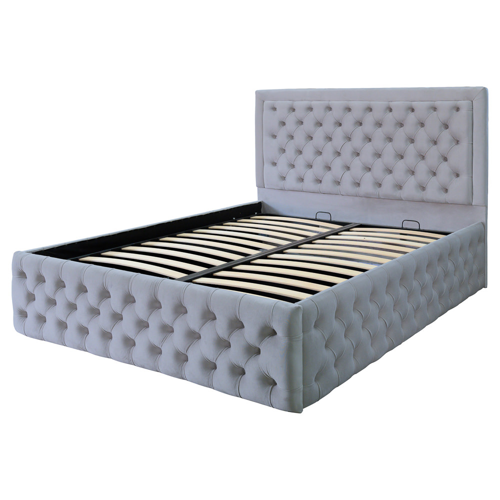 Pat dublu tapitat Louisiana Deluxe 180/200 cm culoare gri deschis cu somiera metalica rabatabila si spatiu de depozitare [5]