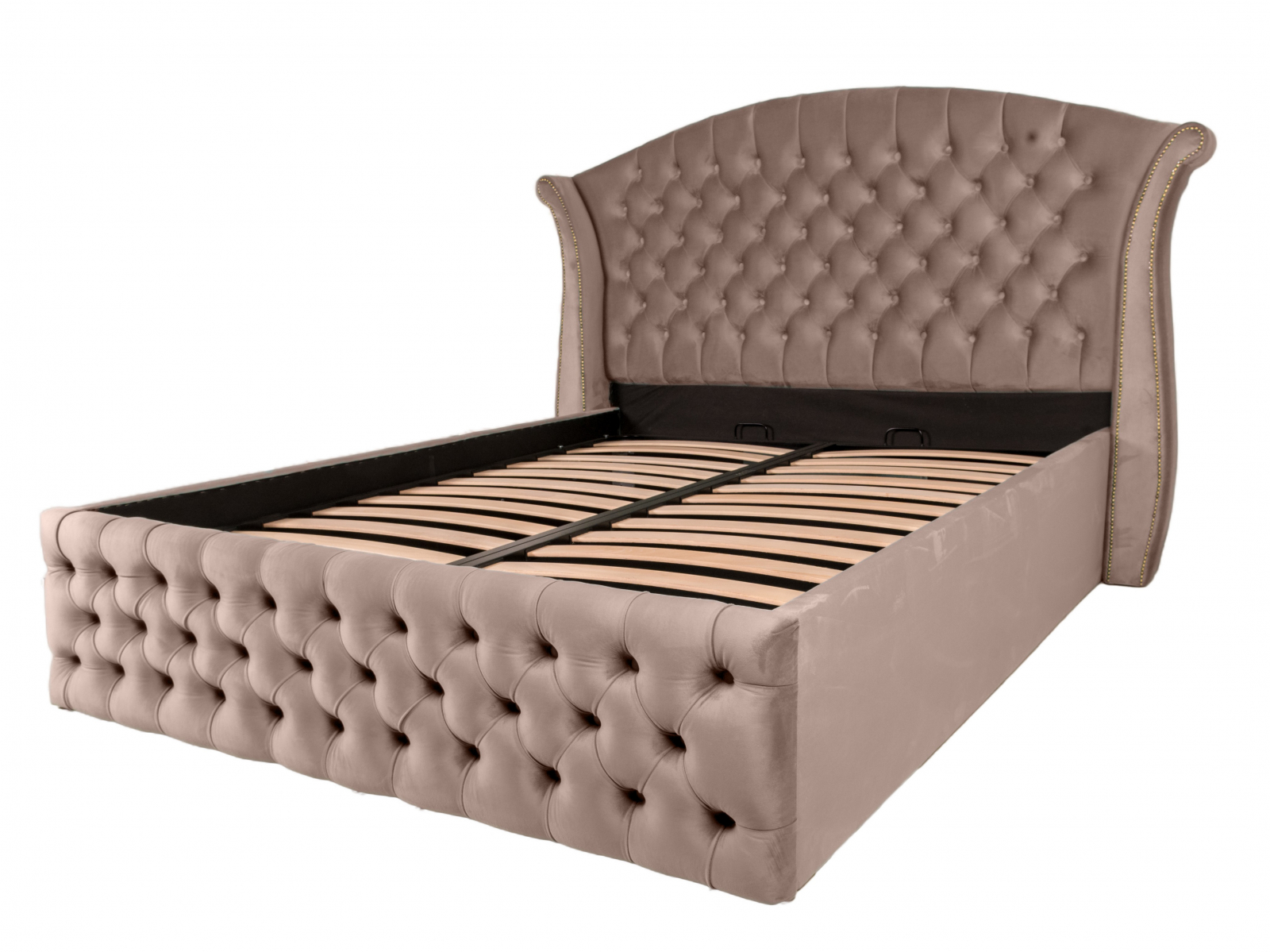 Pat dublu tapitat Miami 160/200 cm cappuccino cu detalii aurii, cu somiera metalica rabatabila si spatiu de depozitare [1]