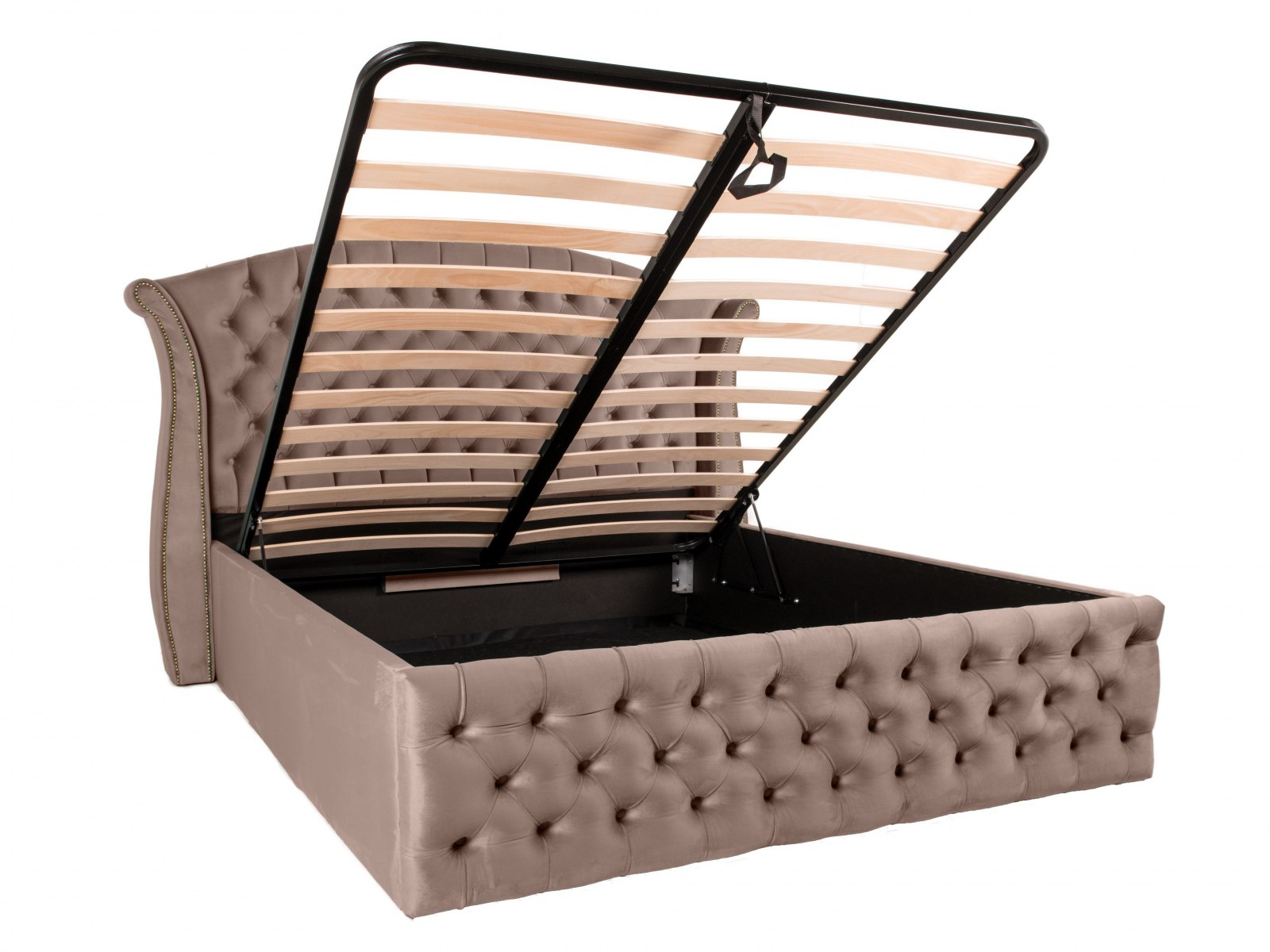 Pat dublu tapitat Miami 160/200 cm cappuccino cu detalii aurii, cu somiera metalica rabatabila si spatiu de depozitare [4]