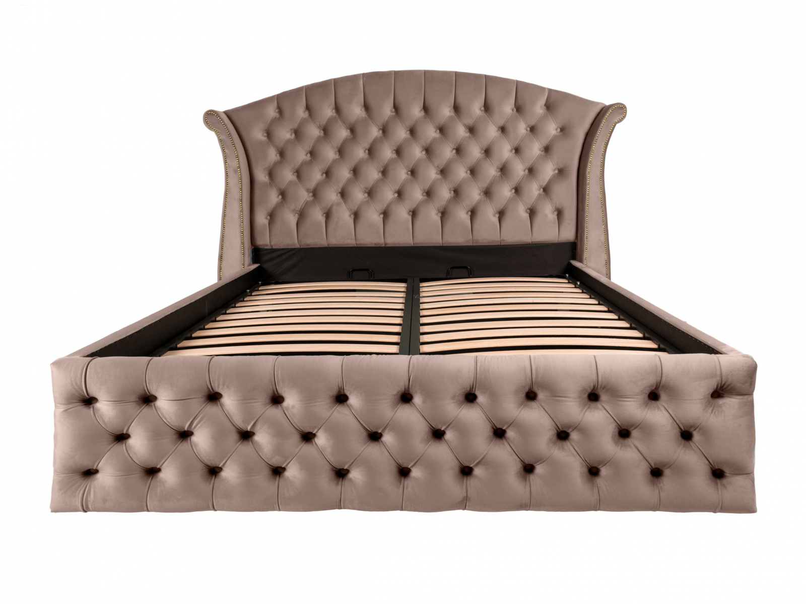 Pat dublu tapitat Miami 160/200 cm cappuccino cu detalii aurii, cu somiera metalica rabatabila si spatiu de depozitare [2]