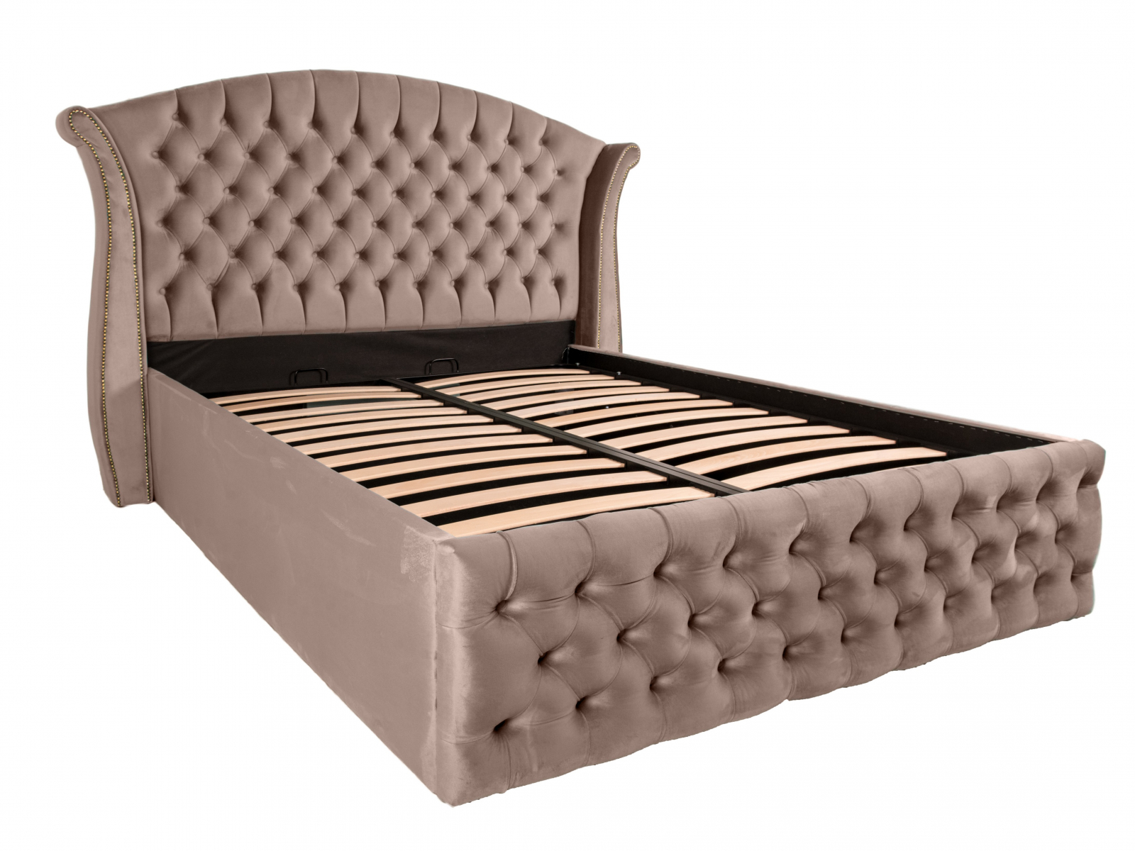 Pat dublu tapitat Miami 160/200 cm cappuccino cu detalii aurii, cu somiera metalica rabatabila si spatiu de depozitare [3]