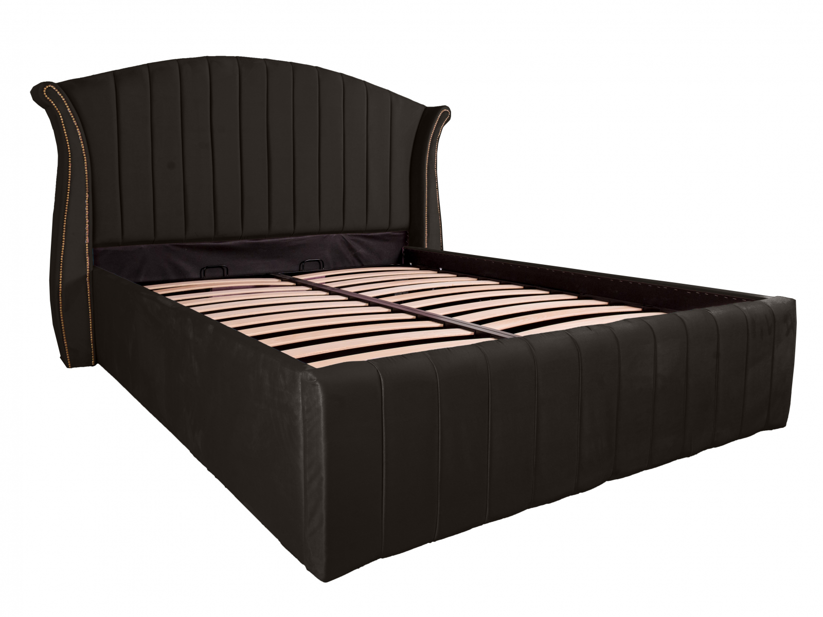 Pat dublu tapitat Miami line 160/200 cm, negru cu detalii aurii, cu somiera metalica rabatabila si spatiu de depozitare [3]