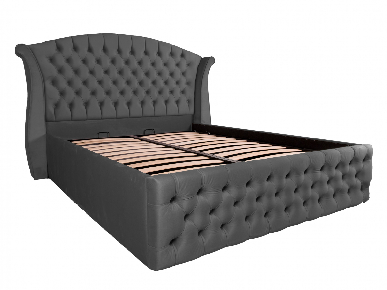 Pat dublu tapitat Miami Simple 160/200 cm, gri inchis, cu somiera metalica rabatabila si spatiu de depozitare [3]