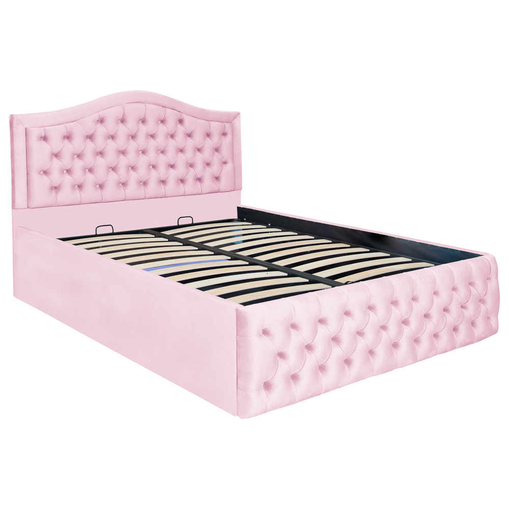 Pat dublu tapitat model Arizona 160/200 cm culoare roz cu somiera metalica rabatabila si spatiu de depozitare [1]