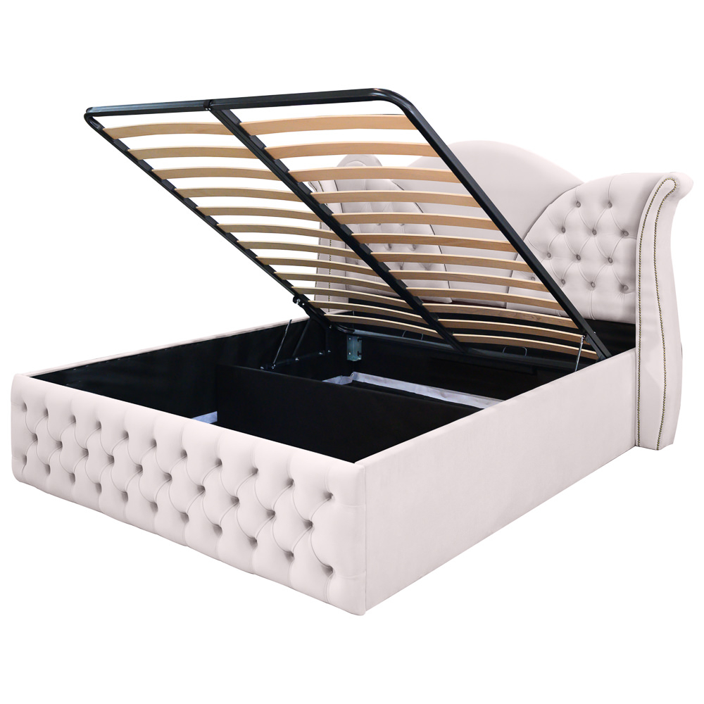 Pat dublu tapitat model Florida 140/200 cm culoare crem cu somiera metalica rabatabila si spatiu de depozitare [4]